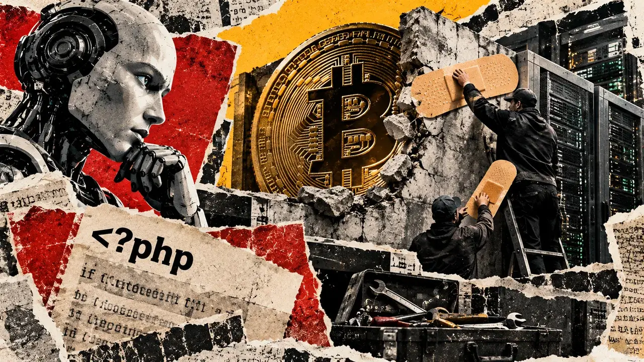 Editorial collage of workers patching a damaged wall beside server racks, with a robot, Bitcoin symbol, and PHP code.