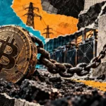 Bitcoin is chained to a heavy rising block beside mining rigs and power pylons, symbolizing tighter margins after a difficulty increase.