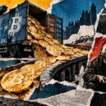 Editorial collage depicting a Bitcoin freight truck unloading valuable cargo as a mining worker receives comparatively few coins.