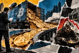 Editorial collage depicting a Bitcoin freight truck unloading valuable cargo as a mining worker receives comparatively few coins.