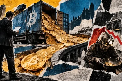 Editorial collage depicting a Bitcoin freight truck unloading valuable cargo as a mining worker receives comparatively few coins.
