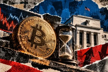 Editorial collage depicting a gold Bitcoin coin, sand-filled hourglass, Federal Reserve building and red and white volatility lines.