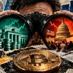 Editorial collage of an investor looking through binoculars showing the Federal Reserve and US Capitol, with a Bitcoin coin in the foreground.