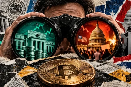 Editorial collage of an investor looking through binoculars showing the Federal Reserve and US Capitol, with a Bitcoin coin in the foreground.