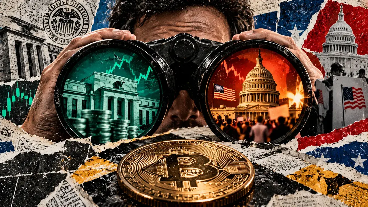 Editorial collage of an investor looking through binoculars showing the Federal Reserve and US Capitol, with a Bitcoin coin in the foreground.