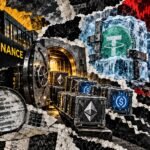 Editorial collage of an open Binance vault, outgoing crypto assets, frozen stablecoins and Bitcoin falling amid a security investigation.
