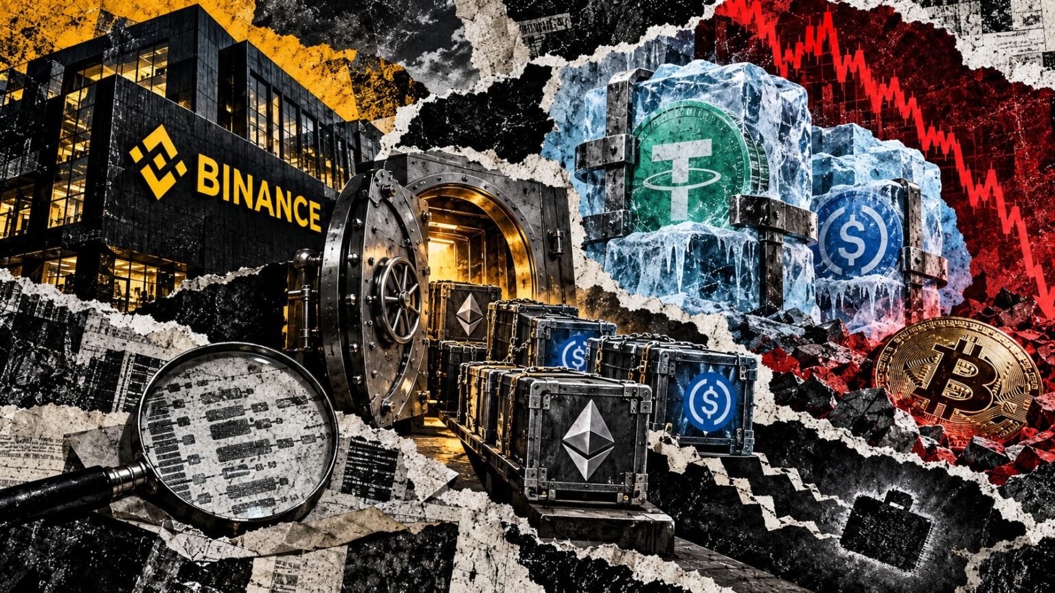 Editorial collage of an open Binance vault, outgoing crypto assets, frozen stablecoins and Bitcoin falling amid a security investigation.