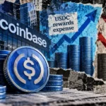 Coinbase building and USDC coin stacks alongside rising rewards expenses and falling stablecoin revenue, illustrated by opposing financial arrows.