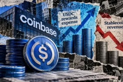 Coinbase building and USDC coin stacks alongside rising rewards expenses and falling stablecoin revenue, illustrated by opposing financial arrows.