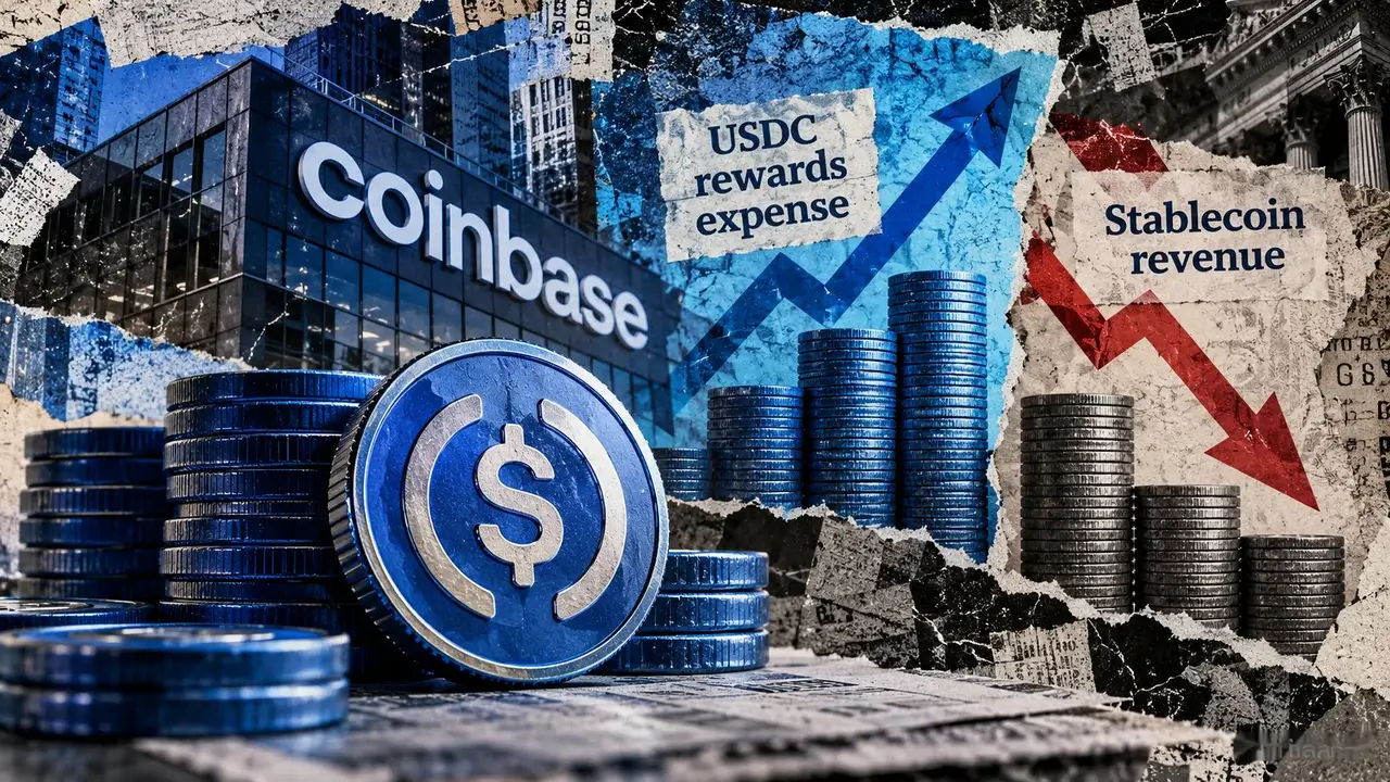 Coinbase building and USDC coin stacks alongside rising rewards expenses and falling stablecoin revenue, illustrated by opposing financial arrows.