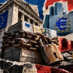 A padlocked stack of euro banknotes stands before European banking architecture, with Bitcoin nearby amid torn financial papers.