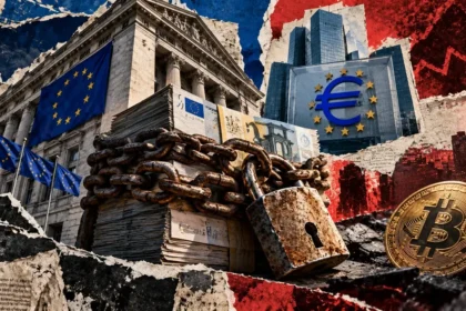 A padlocked stack of euro banknotes stands before European banking architecture, with Bitcoin nearby amid torn financial papers.