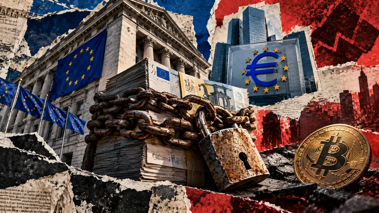 A padlocked stack of euro banknotes stands before European banking architecture, with Bitcoin nearby amid torn financial papers.