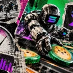 Editorial collage of robotic trading bots racing to acquire memecoins, with a 1.3-second stopwatch and Solana symbol.