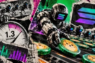 Editorial collage of robotic trading bots racing to acquire memecoins, with a 1.3-second stopwatch and Solana symbol.