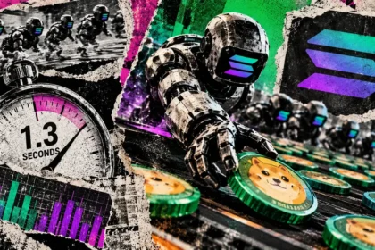 Editorial collage of robotic trading bots racing to acquire memecoins, with a 1.3-second stopwatch and Solana symbol.