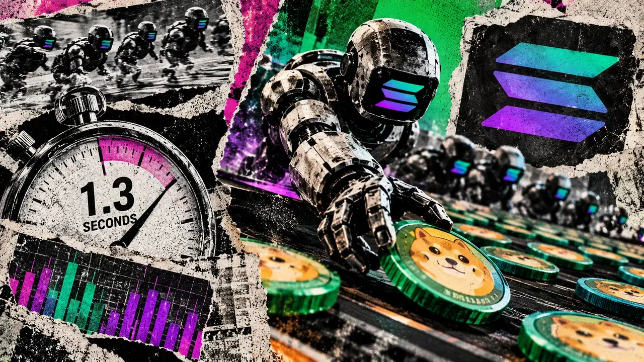 Editorial collage of robotic trading bots racing to acquire memecoins, with a 1.3-second stopwatch and Solana symbol.