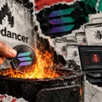 Editorial collage of a Solana coin burning beside the Firedancer logo as a bug bounty researcher examines duplicate vulnerability reports.