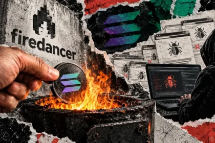 Editorial collage of a Solana coin burning beside the Firedancer logo as a bug bounty researcher examines duplicate vulnerability reports.