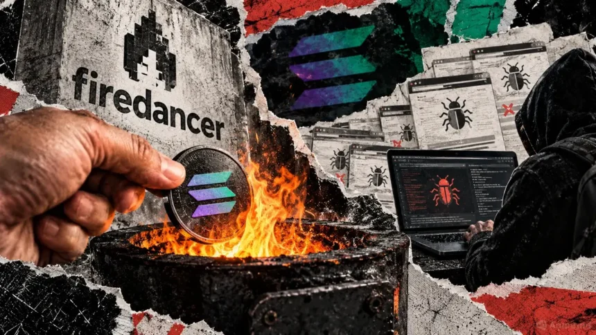 Editorial collage of a Solana coin burning beside the Firedancer logo as a bug bounty researcher examines duplicate vulnerability reports.