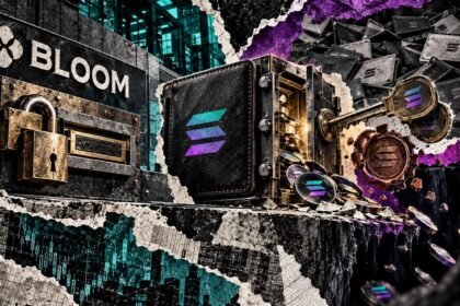 Editorial collage of a locked Bloom withdrawal system beside an open Solana wallet controlled by a separate key.