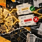 Editorial collage featuring a fractured Bitcoin symbol, conflicting BOLT11 payment hashes, Lightning servers, and withdrawal records.