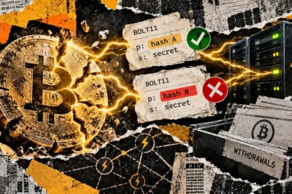 Editorial collage featuring a fractured Bitcoin symbol, conflicting BOLT11 payment hashes, Lightning servers, and withdrawal records.