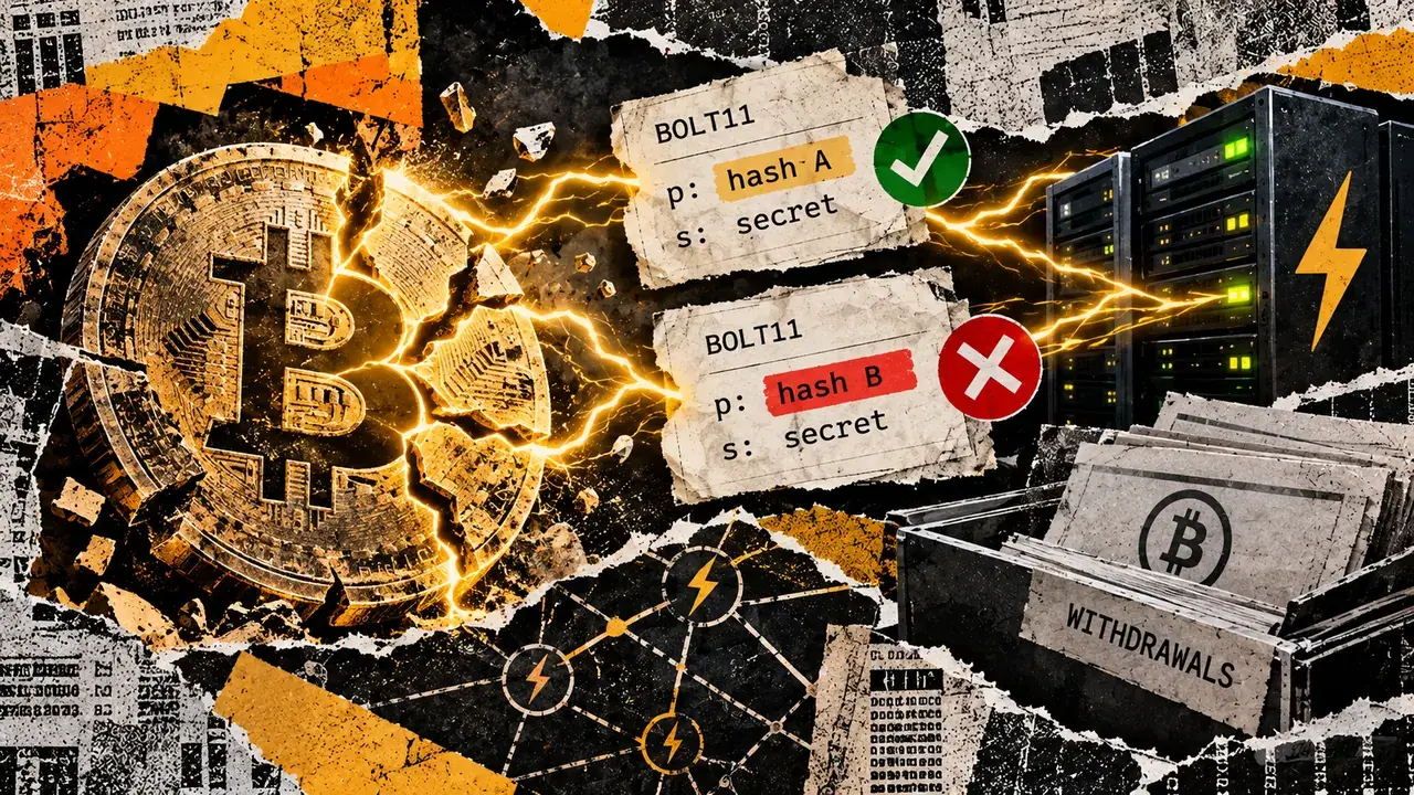 Editorial collage featuring a fractured Bitcoin symbol, conflicting BOLT11 payment hashes, Lightning servers, and withdrawal records.
