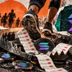 Editorial collage of a runner approaching a rusted trap filled with Solana coins, symbolizing trading fees threatening narrow profits.