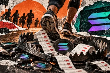 Editorial collage of a runner approaching a rusted trap filled with Solana coins, symbolizing trading fees threatening narrow profits.
