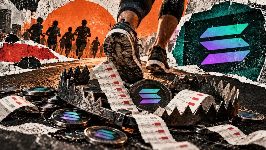 Editorial collage of a runner approaching a rusted trap filled with Solana coins, symbolizing trading fees threatening narrow profits.