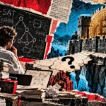 Editorial collage showing a researcher, 3-SAT diagrams and guarded Bitcoin defenses separated by an unresolved security question.