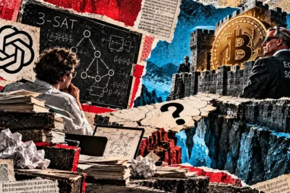 Editorial collage showing a researcher, 3-SAT diagrams and guarded Bitcoin defenses separated by an unresolved security question.