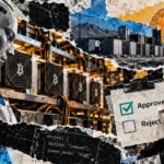 Editorial collage of an AI robot, Bitcoin mining rigs, and a human operator reviewing approval and rejection controls for equipment commands.