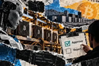 Editorial collage of an AI robot, Bitcoin mining rigs, and a human operator reviewing approval and rejection controls for equipment commands.