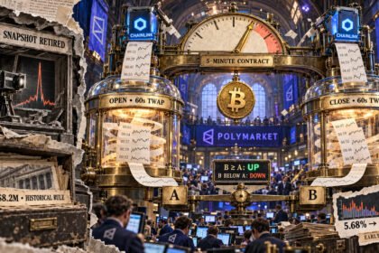 Editorial collage showing Polymarket’s five-minute Bitcoin contract using separate Chainlink opening and closing 60-second TWAP chambers, with the old snapshot rule retired.