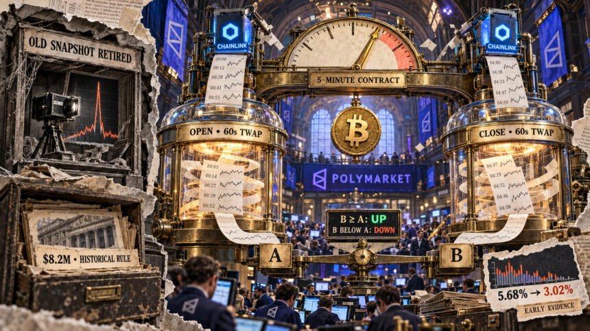 Editorial collage showing Polymarket’s five-minute Bitcoin contract using separate Chainlink opening and closing 60-second TWAP chambers, with the old snapshot rule retired.