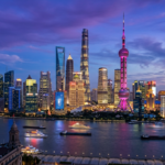 Editorial illustration of the Shanghai Pudong metropolitan financial skyline across the Huangpu River