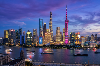 Editorial illustration of the Shanghai Pudong metropolitan financial skyline across the Huangpu River
