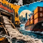 Editorial collage of a Strategy-branded fortress with STRC documents opposite a Strive cargo ship carrying Bitcoin-marked containers.