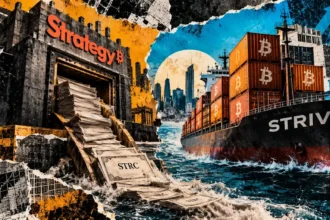 Editorial collage of a Strategy-branded fortress with STRC documents opposite a Strive cargo ship carrying Bitcoin-marked containers.