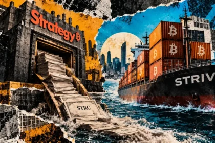 Editorial collage of a Strategy-branded fortress with STRC documents opposite a Strive cargo ship carrying Bitcoin-marked containers.