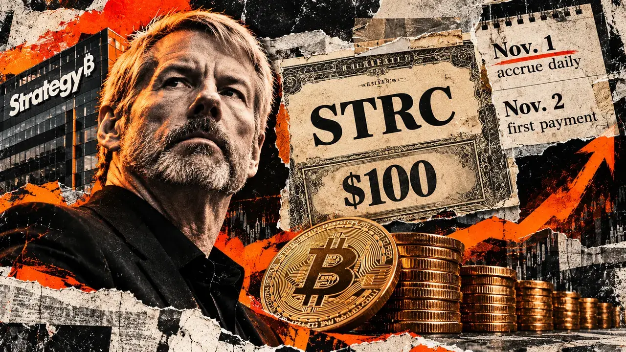 Michael Saylor with an STRC $100 certificate, Bitcoin stacks, and calendar dates for daily dividends.