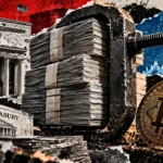 Editorial collage of bundled Treasury bills in a steel vise beside a Bitcoin symbol, Federal Reserve building, and financial charts.