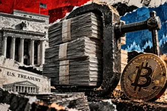 Editorial collage of bundled Treasury bills in a steel vise beside a Bitcoin symbol, Federal Reserve building, and financial charts.