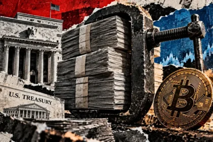Editorial collage of bundled Treasury bills in a steel vise beside a Bitcoin symbol, Federal Reserve building, and financial charts.